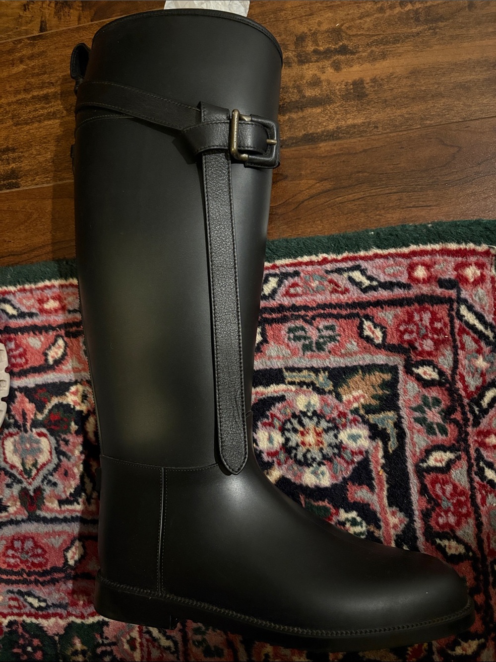 Burberry Black Tall Waterproof Riding Rain Boot with Side Buckle